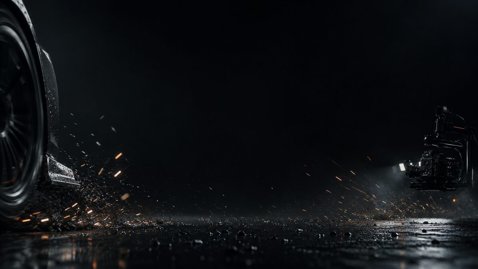 Dunkles Actionmotiv mit Fahrzeugrad, Funken und Filmkamera auf Bodenniveau